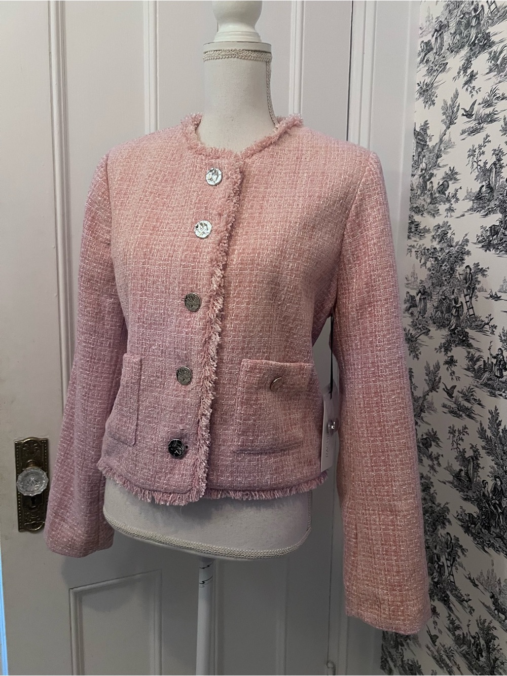 Rachel Zoe NWT women’s pink plaid knit short Pink Tweed Frayed-Trim Jacket Large